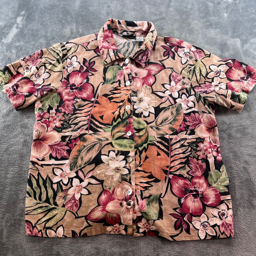 Vintage Fashion Bug Tropical Floral Linen Blend Button Down Shirt 14/16W Tan